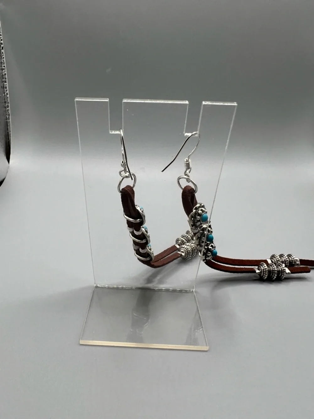 Boho Brown Leather Tassel Earrings with Turquoise Bead - Handmade #E0199C - Picture 4 of 4